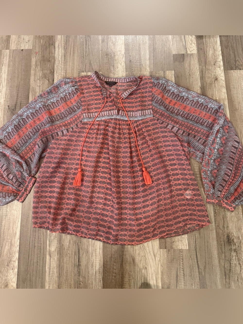 Lucky Brand Coral Patterned Boho Tassel Tie Peasant Blouse